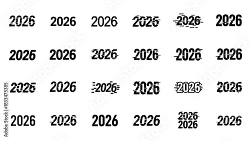Visual Representation of the Year 2026 with Glitch Effects and Temporal Variations Display