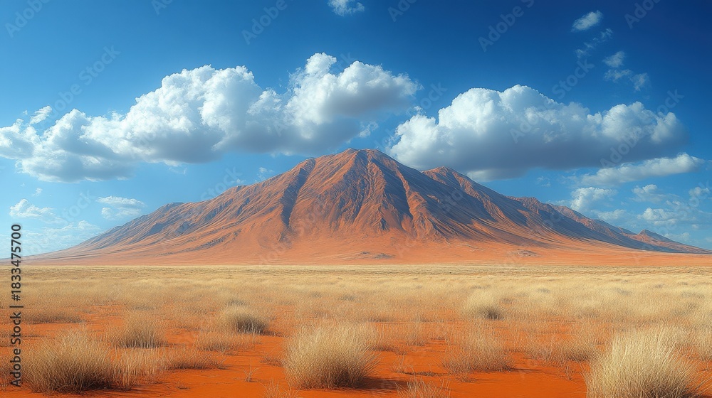 Obraz premium A dramatic desert scene featuring a massive mountain rising from the sands, framed by a partially cloudy sky. Evokes a sense of scale, isolation, and natural beauty.