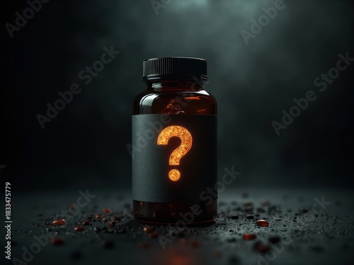 mystery supplement bottle with question mark