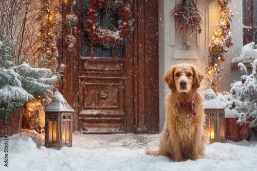 Warm holiday scene with dog, Joyful winter porch with glowing decorations, Celebratory winter scene featuring friendly dog beside lit festive wreath and glowing lantern