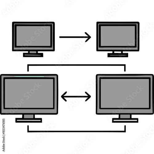 Conceptual Diagram Illustrating a Network Connection Between Four Computer Monitors Against a Black Background Representing Data Flow and Interconnectivity in Digital Systems