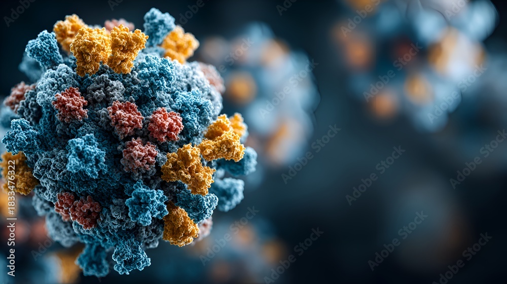 Fototapeta premium Detailed microscopic view reveals the complex structure of a virus particle with its intricate protein spikes and molecular components.
