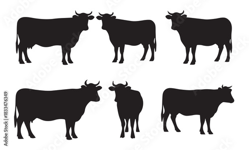 Cattle and Cow Silhouette Vector Set: Farm Animal Collection in Various Poses - Standing and Grazing - Dairy and Beef Agriculture Icon Pack for Logo, Branding, and Product Design