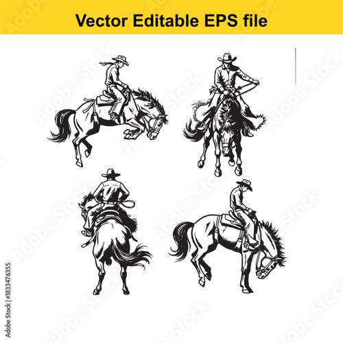 collection of four black and white vector illustrations depicting cowboys riding horses in various dynamic poses, suitable for western theme designs and isolated on white background