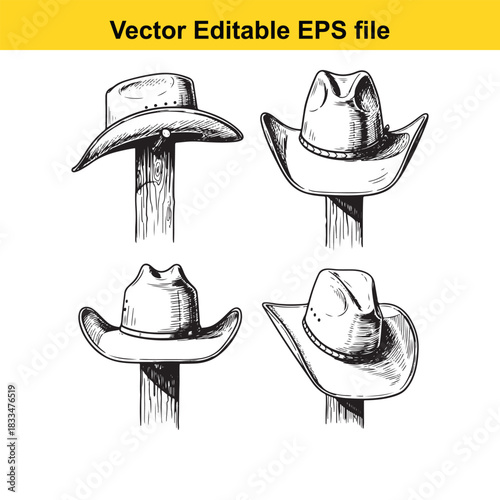 collection of four handdrawn cowboy hats mounted on wooden posts, depicted in a detailed black and white vector sketch style, perfect for western themes