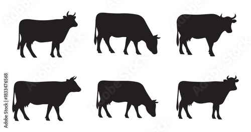 Cattle and Cow Silhouette Vector Set: Farm Animal Collection in Various Poses - Standing and Grazing - Dairy and Beef Agriculture Icon Pack for Logo, Branding, and Product Design