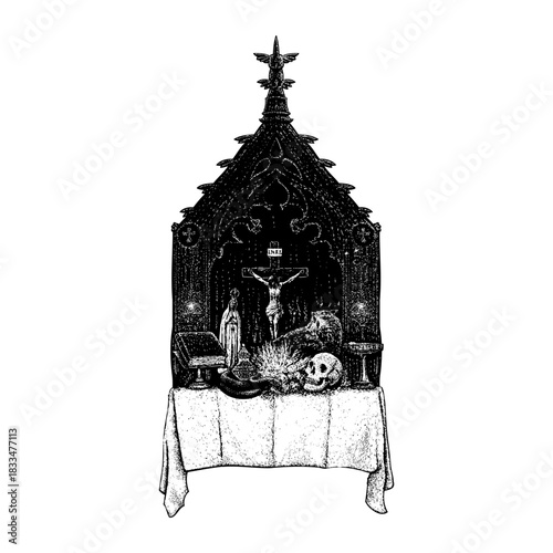 gothic altar adorned with a crucifix, religious statues, sacred books, candles, and a human skull. The intricate linework and dark ornamental frame.