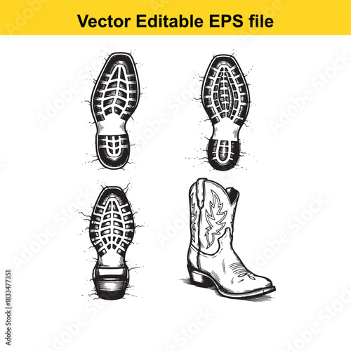 black and white vector illustration showing the sole prints and a side view of a classic cowboy boot, perfect for western theme design elements