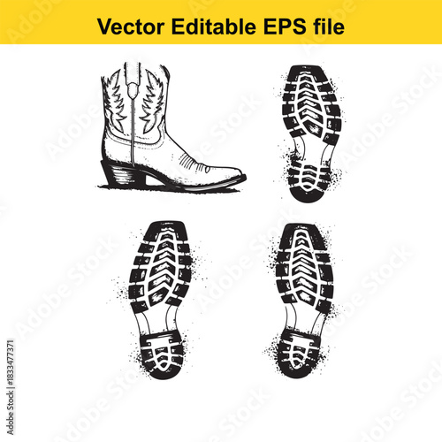 vector illustration set featuring a detailed cowboy boot design alongside three distinct sole print impressions, useful for western or footwear design projects