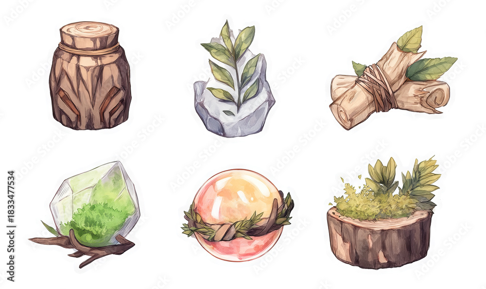 Naklejka premium Illustrated Nature Totem Sticker Set Featuring Painterly Elements and Organic Designs