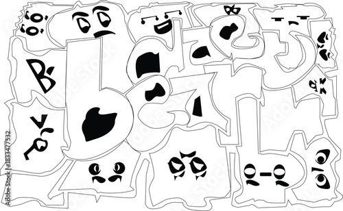 Black and white doodle art with abstract shapes and cartoon faces.