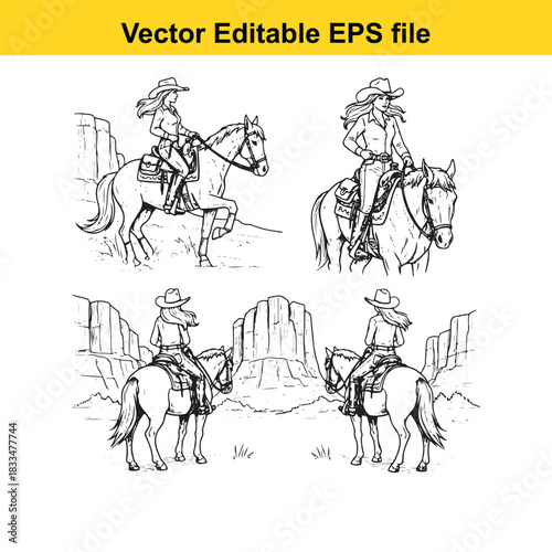 collection of four black and white vector illustrations depicting cowgirls riding horses in various poses, suitable for western theme design elements