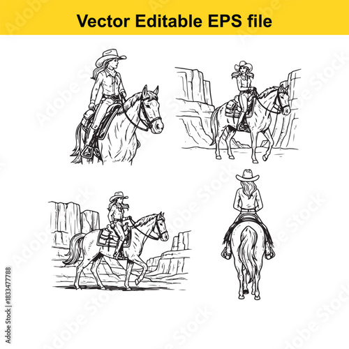 collection of four black and white vector illustrations depicting cowgirls riding horses in western desert landscapes, perfect for western theme design