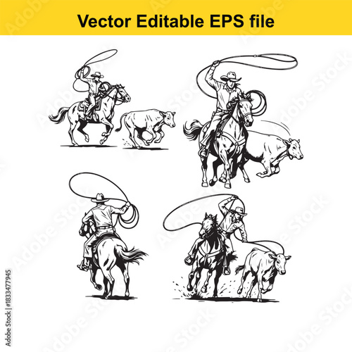 vector illustration set depicting four scenes of cowboys on horseback roping cattle, showcasing dynamic action in a western rodeo or ranching environment, isolated on white background