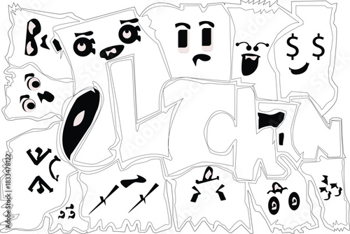 Black and white doodle art with various facial expressions and symbols.