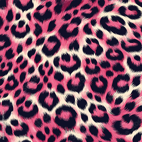 A vibrant pink leopard animal skin pattern with a realistic fur texture. This seamless and glamorous wildlife-inspired design is a bold and stylish background