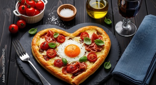 Heart-shaped pizza with egg, tomatoes, prosciutto and basil on black slate. A delicious and romantic food presentation. Gourmet meal, special occasion, food styling.