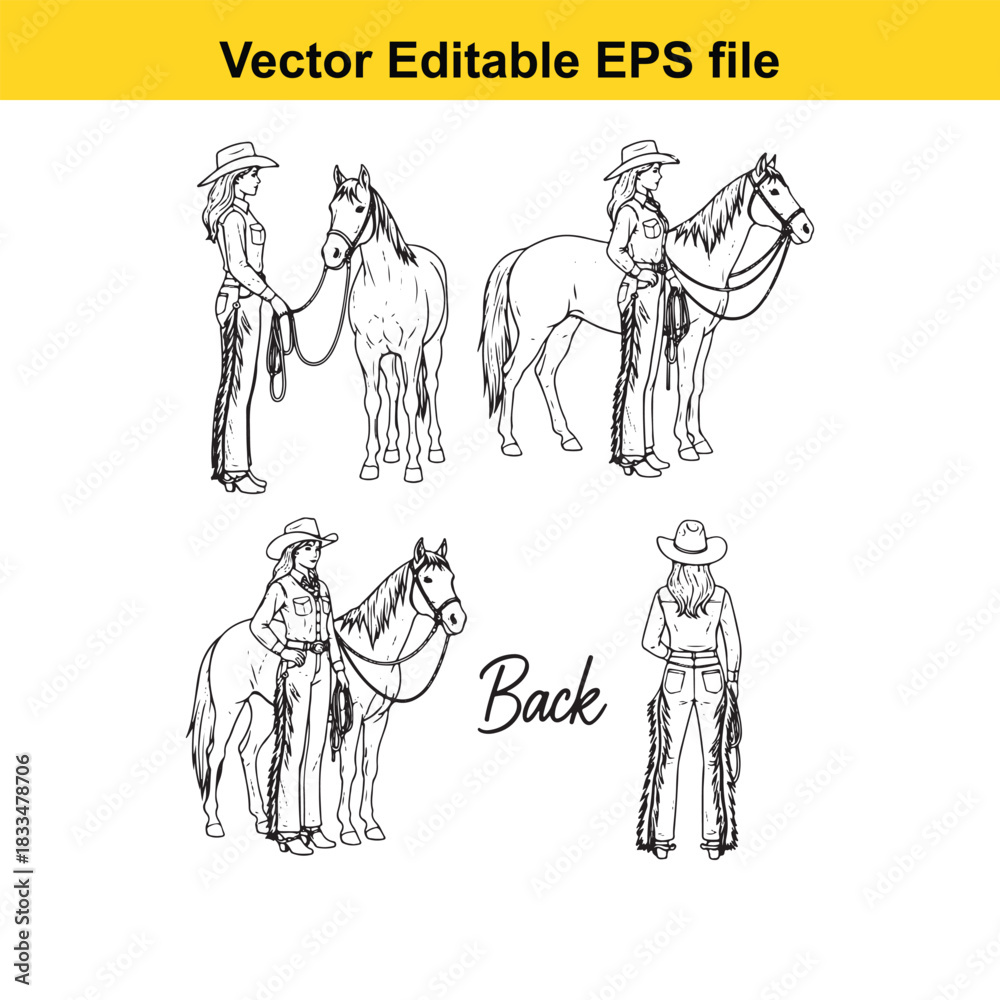 Obraz premium vector editable eps file showing four black and white line art illustrations of cowgirls standing next to their horses from different angles