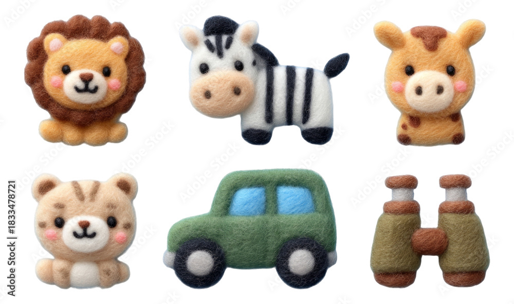 Obraz premium Felted Safari Animals and Vehicle Adventure with Isolated Transparent Background