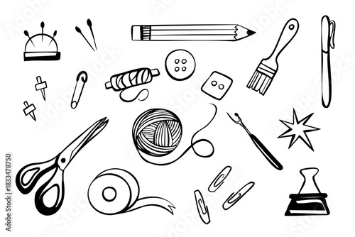 Hand drawn DIY tool set illustration with needles, pencils, brushes, clips, and crafting accessories. Simple black vector sketch. 