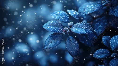 A stunning close-up captures delicate blue leaves adorned with water droplets, creating a serene winter scene. Blurred snowflakes in the background add depth and a sense of tranquility.