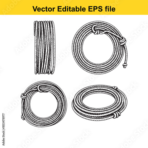 collection of four different styles of coiled rope, lasso, and lariat illustrations in black and white vector editable eps file format for western theme
