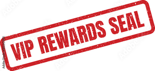 Grunge textured rectangular stamp vector with bold capital letters spelling VIP REWARDS SEAL signifying customer loyalty programs and exclusive membership benefits
