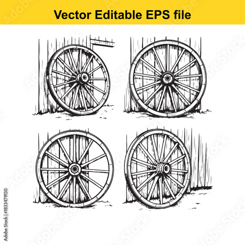 set of four antique wooden wagon wheel illustrations in black and white sketch style, perfect for western or historical design projects