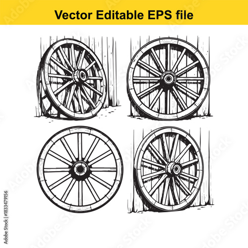 collection of four detailed black and white vector illustrations of antique wooden wagon wheels, showcasing different perspectives and spoke designs against a plain background