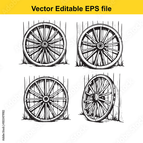 set of four detailed black and white vector illustrations of antique wooden wagon wheels leaning against a vertical wooden fence structure, perfect for rustic design projects