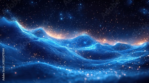 A breathtaking image of swirling blue waves merging with a vast expanse of stars against a dark, deep space backdrop. Evokes a sense of wonder and the immensity of the universe.
