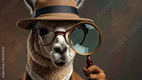 A whimsical portrait of a llama detective in a fedora and glasses, meticulously examining clues with a magnifying glass