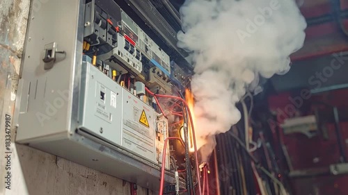 Electrical short circuit causing flames and thick smoke from a damaged fuse box, highlighting the urgent need for safety and repair in a hazardous power distribution system