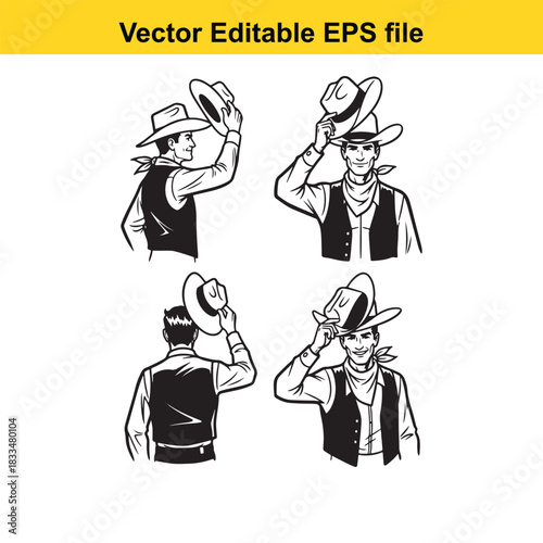  set of four black and white vector illustrations depicting a cowboy in different poses, tipping his hat, isolated on white background