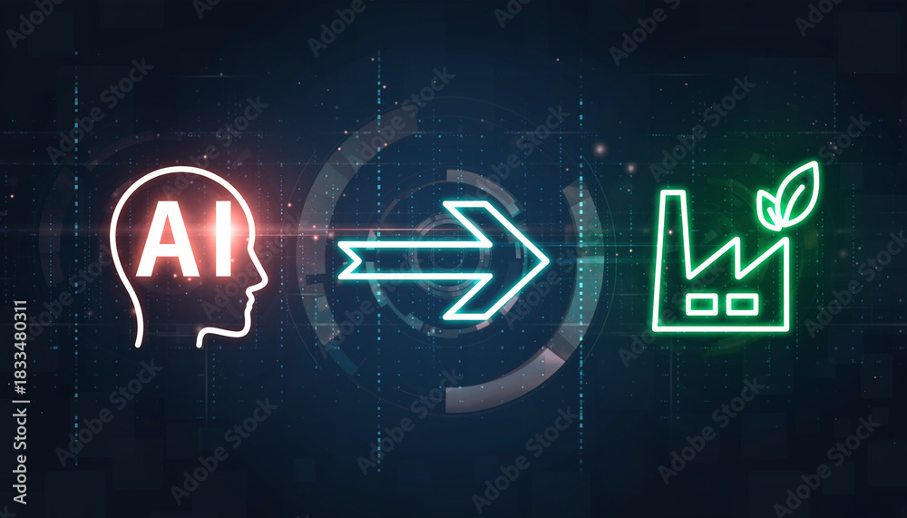 Fototapeta premium AI-Powered Sustainable Manufacturing: An illustration of a futuristic digital concept showcases how artificial intelligence transforms ideas into eco-friendly industrial practices. 
