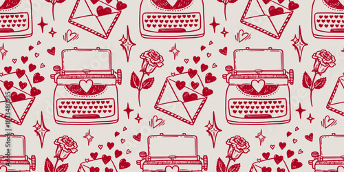 Love letter vector seamless pattern with typewriter and heart in doodle sketch style with hand drawn outline. Red on pink creates romantic look for valentine day design. Nice for cute card background.