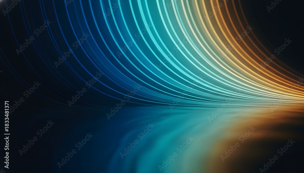 Fototapeta premium Abstract background with glowing blue and orange light streaks curving over a reflective surface.
