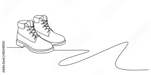 Steps of the Wild, A continuous line drawing of hiking boots with detailed laces and rugged soles