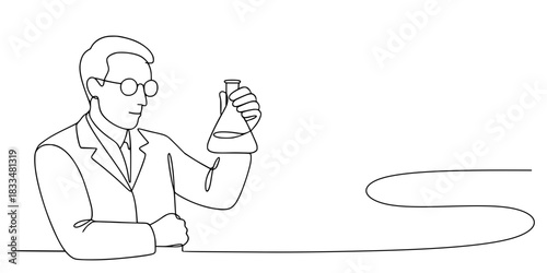 One Line of Discovery, A continuous line drawing of a scientist in glasses and lab coat holding a conical flask