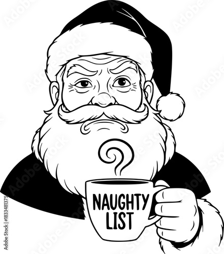 Skeptical Santa with "Naughty List" Coffee Cup
