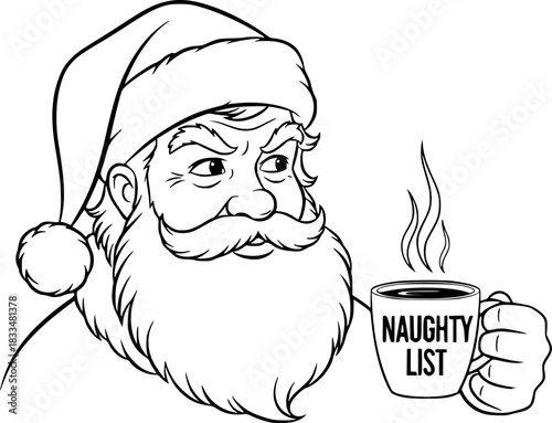 Skeptical Santa with "Naughty List" Coffee Cup

