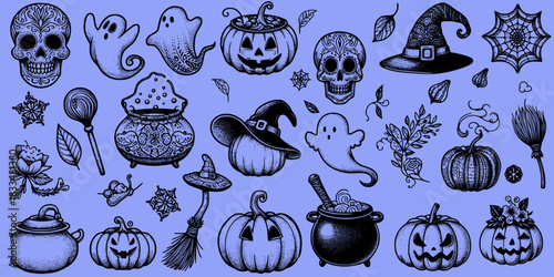 Spooky Scribbles of the Season, A collage of hand-drawn Halloween icons including ghosts, pumpkins, skulls, and witches’ tools