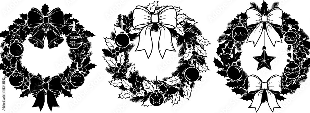 Fototapeta premium christmas wreath set silhouette vector, christmas wreath silhouette vector icon, christmas wreath logo vector