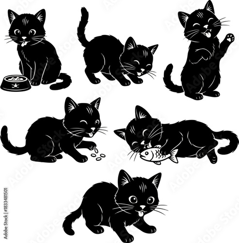 Six Cute Eating Cat Silhouettes – Ultra Sharp Detail