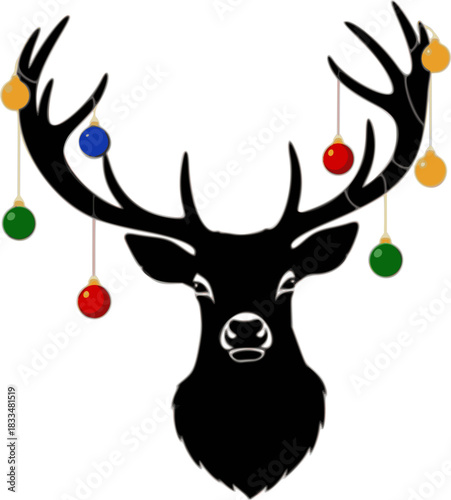 Black silhouette of deer head with antlers and with christmas tree toy balls on horns. vector flat icon isolated on white background. Christmas card. AI generated illustration