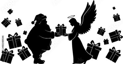 Silhouette of Santa Claus giving a gift to an angel on a light pink background present Christmas

