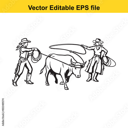  line art illustration of two cowboys roping a bull or steer, depicting a classic rodeo or ranching scene with lassoes, isolated on white background