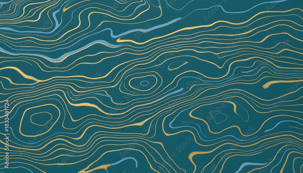 Fototapeta premium Abstract flowing lines in blue and gold on a teal background, resembling a topographic map or fluid patterns.