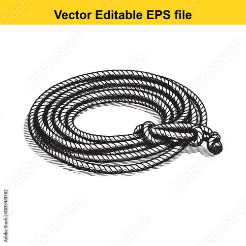  black and white vector illustration of a coiled lasso rope with a knot, perfect for western or ranching themes, isolated on white background