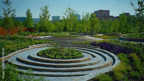 Serpentine stone pathways wind through a vibrant, modern garden with colorful flowers and city skyline in background.